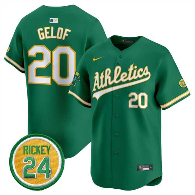 Mens Oakland Athletics #20 Zack Gelof Green 2024 Limited With Rickey Henderson Patch Stitched Jersey Dzhi->oakland athletics->MLB Jersey
